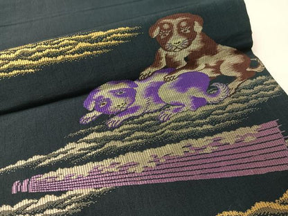 平和屋着物●アンティーク　大正ロマン　両面　六通柄京袋帯　犬　金糸　正絹　逸品　CABG1951vp