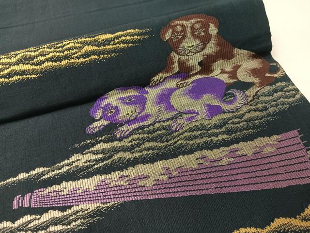 平和屋着物●アンティーク　大正ロマン　両面　六通柄京袋帯　犬　金糸　正絹　逸品　CABG1951vp