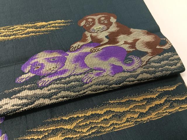 平和屋着物●アンティーク　大正ロマン　両面　六通柄京袋帯　犬　金糸　正絹　逸品　CABG1951vp