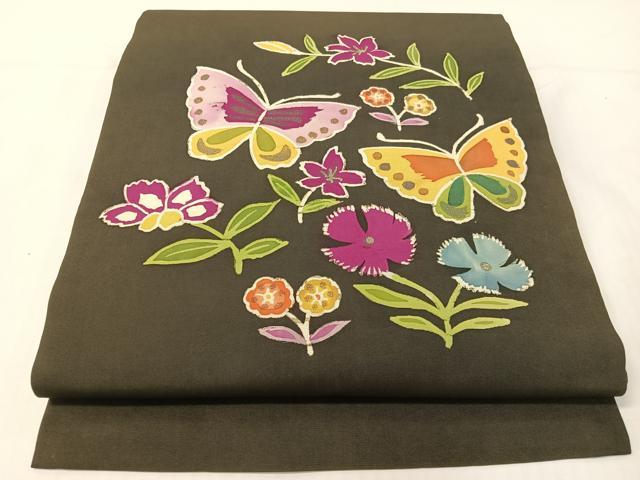 平和屋着物●塩瀬　九寸名古屋帯　ろうけつ染め　花蝶文　黒地　金彩　正絹　逸品　CABG1956vp
