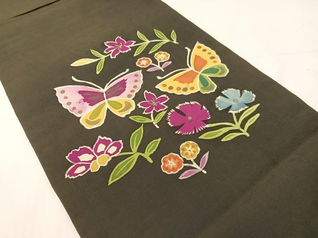平和屋着物●塩瀬　九寸名古屋帯　ろうけつ染め　花蝶文　黒地　金彩　正絹　逸品　CABG1956vp
