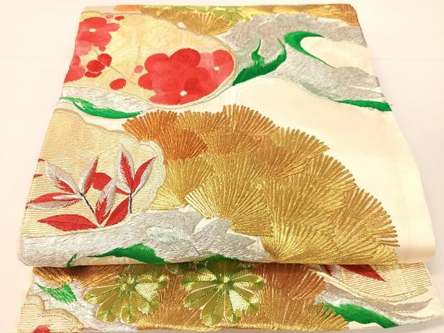 平和屋着物●アンティーク　大正ロマン　創作　総刺繍　全通柄袋帯　駒刺繍　飛鶴花松文　金銀糸　正絹　逸品　CABG1958vp