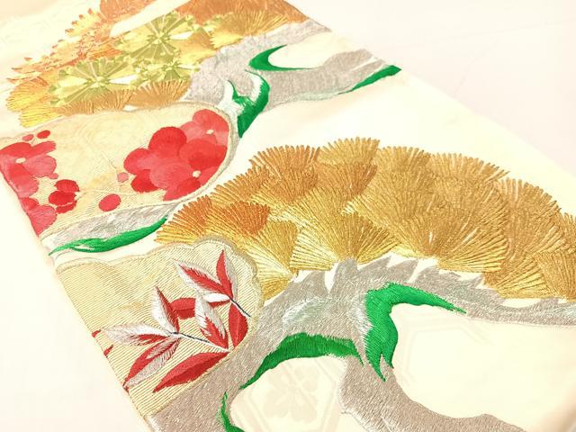 平和屋着物●アンティーク　大正ロマン　創作　総刺繍　全通柄袋帯　駒刺繍　飛鶴花松文　金銀糸　正絹　逸品　CABG1958vp