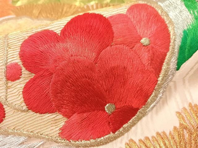 平和屋着物●アンティーク　大正ロマン　創作　総刺繍　全通柄袋帯　駒刺繍　飛鶴花松文　金銀糸　正絹　逸品　CABG1958vp