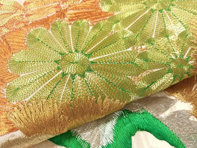 平和屋着物●アンティーク　大正ロマン　創作　総刺繍　全通柄袋帯　駒刺繍　飛鶴花松文　金銀糸　正絹　逸品　CABG1958vp