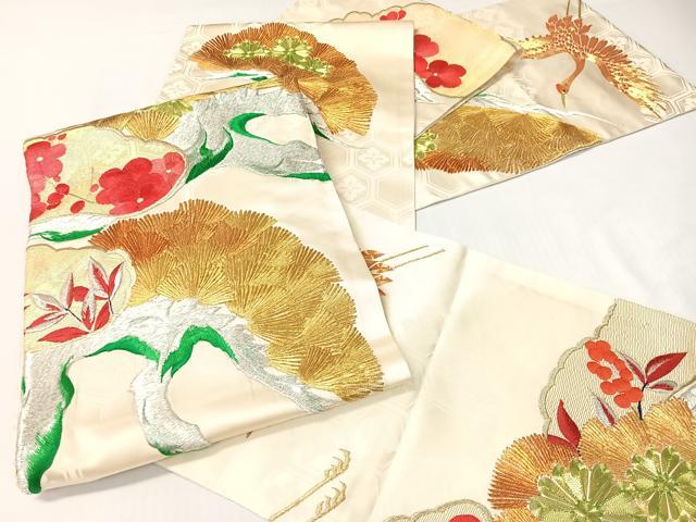 平和屋着物●アンティーク　大正ロマン　創作　総刺繍　全通柄袋帯　駒刺繍　飛鶴花松文　金銀糸　正絹　逸品　CABG1958vp