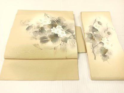 平和屋着物●塩瀬　つけ帯　手描き　蔦の葉花文　金彩　正絹　逸品　CABG1963vp