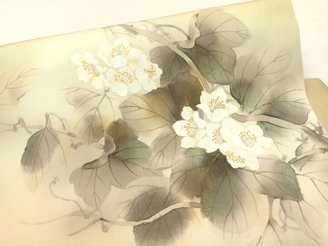 平和屋着物●塩瀬　つけ帯　手描き　蔦の葉花文　金彩　正絹　逸品　CABG1963vp