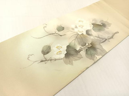 平和屋着物●塩瀬　つけ帯　手描き　蔦の葉花文　金彩　正絹　逸品　CABG1963vp