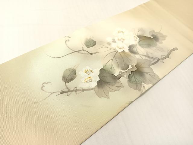 平和屋着物●塩瀬　つけ帯　手描き　蔦の葉花文　金彩　正絹　逸品　CABG1963vp