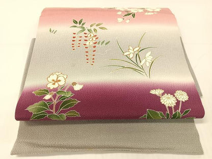 平和屋着物●つけ帯　駒刺繍　草花文　金彩　鬼しぼ縮緬　正絹　逸品　CABG1965vp