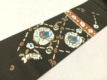 平和屋着物●塩瀬　九寸名古屋帯　吉祥花文　黒地　金彩　正絹　逸品　CABG1968vp