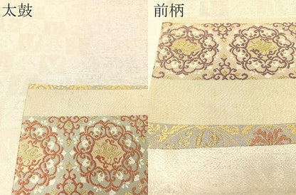 平和屋着物●創業280年　誉田屋源兵衛　太鼓柄袋帯　切嵌　鳳凰更紗文　銀通し地　正絹　逸品　未使用　CABG1971vp