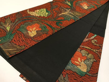 平和屋着物●六通柄袋帯　更紗葡萄唐草文　黒地　金糸　正絹　逸品　CABG1972vp