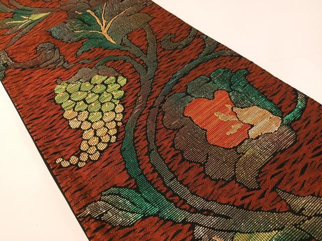平和屋着物●六通柄袋帯　更紗葡萄唐草文　黒地　金糸　正絹　逸品　CABG1972vp