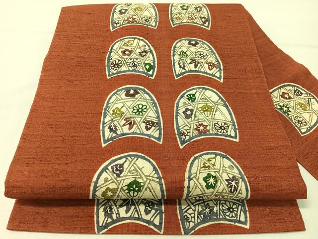 平和屋着物●九寸名古屋帯　紬地　型染め　籠目草花文　正絹　逸品　CABG1979vp