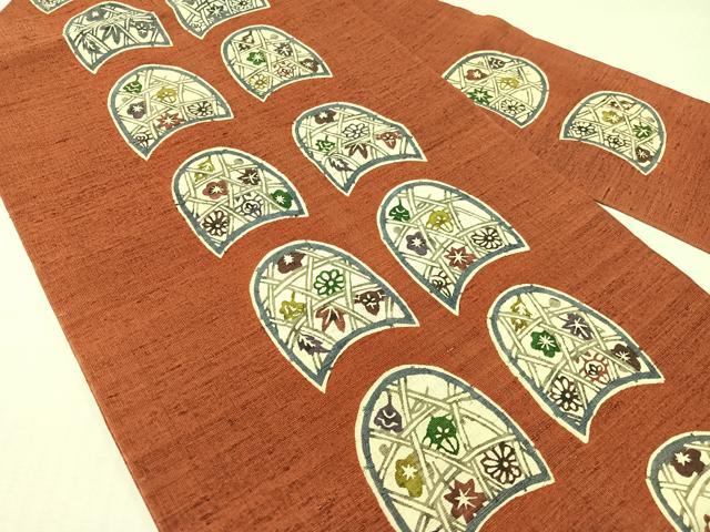 平和屋着物●九寸名古屋帯　紬地　型染め　籠目草花文　正絹　逸品　CABG1979vp