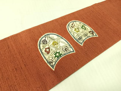 平和屋着物●九寸名古屋帯　紬地　型染め　籠目草花文　正絹　逸品　CABG1979vp