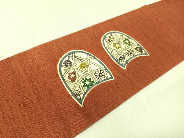 平和屋着物●九寸名古屋帯　紬地　型染め　籠目草花文　正絹　逸品　CABG1979vp