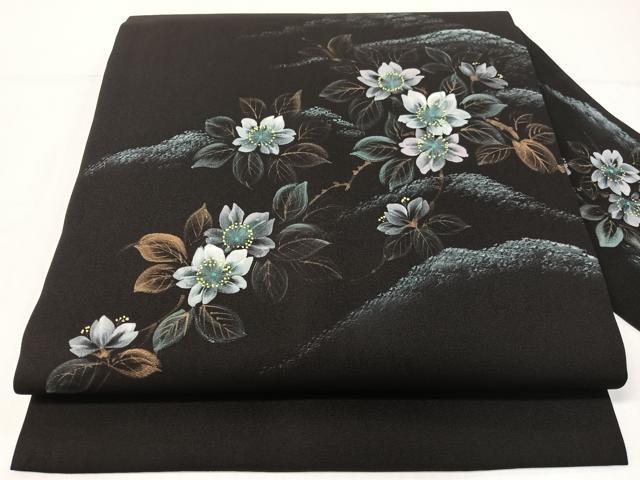 平和屋着物●塩瀬　九寸名古屋帯　手描き　葉桜　黒地　金彩　正絹　逸品　CABG1980vp