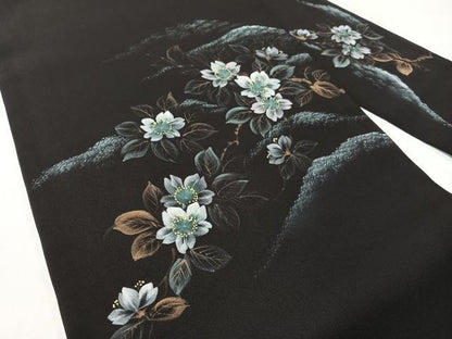 平和屋着物●塩瀬　九寸名古屋帯　手描き　葉桜　黒地　金彩　正絹　逸品　CABG1980vp