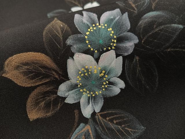 平和屋着物●塩瀬　九寸名古屋帯　手描き　葉桜　黒地　金彩　正絹　逸品　CABG1980vp