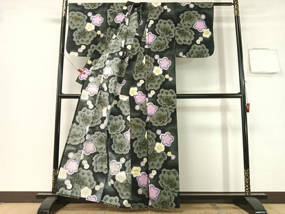 平和屋着物∴夏物　浴衣　舞花文　黒地　綿　逸品　CABG1982vp