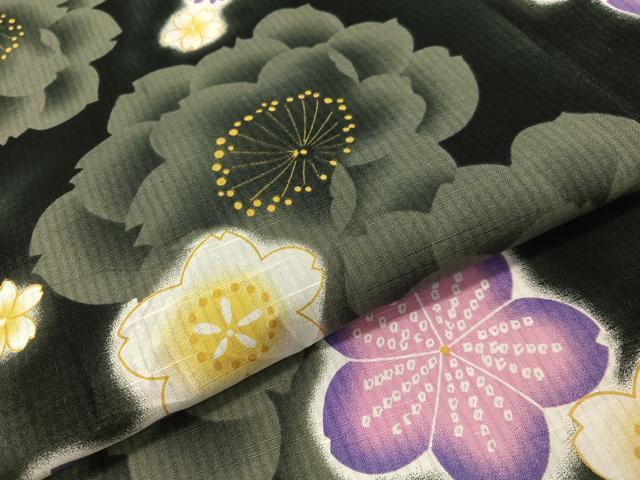 平和屋着物∴夏物　浴衣　舞花文　黒地　綿　逸品　CABG1982vp