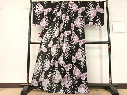 平和屋着物∴夏物　浴衣　舞蝶花文　黒地　綿　逸品　CABG1984vp