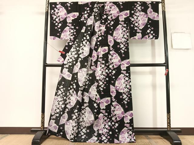 平和屋着物∴夏物　浴衣　舞蝶花文　黒地　綿　逸品　CABG1984vp