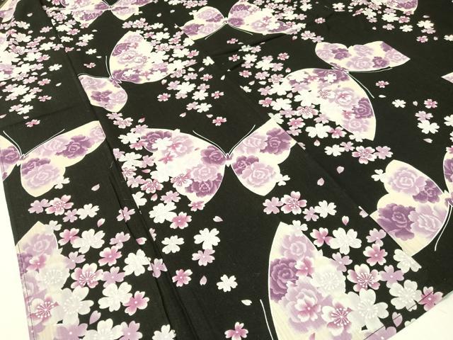 平和屋着物∴夏物　浴衣　舞蝶花文　黒地　綿　逸品　CABG1984vp