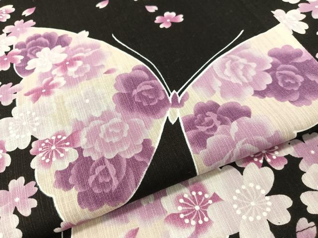 平和屋着物∴夏物　浴衣　舞蝶花文　黒地　綿　逸品　CABG1984vp