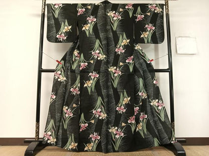 平和屋着物∴夏物　浴衣　流水杜若　黒地　綿　逸品　CABG1986vp