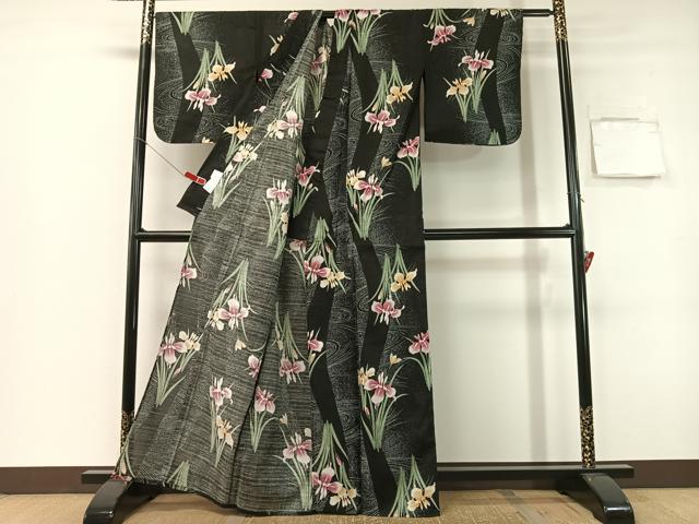 平和屋着物∴夏物　浴衣　流水杜若　黒地　綿　逸品　CABG1986vp