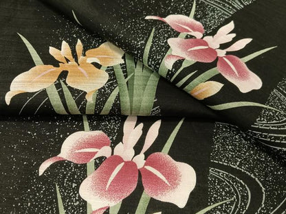 平和屋着物∴夏物　浴衣　流水杜若　黒地　綿　逸品　CABG1986vp