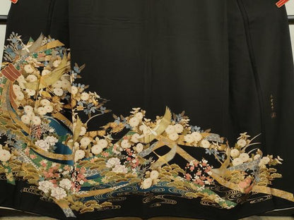 平和屋着物■豪華黒留袖　作家物　束ね熨斗飛鶴吉祥花文　暈し染め　本金箔　正絹　逸品　CABG2020ze