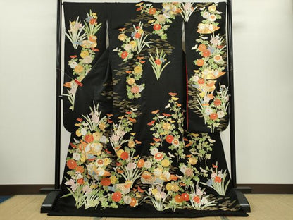 平和屋本店●中国三大刺繍 相良刺繍 お引きずり 引き振袖 和装 結婚式 舞妓 芸妓 芸者 衣装 駒刺繍 総刺繍 鴛鴦草花文 黒地 金糸CABG2065ze