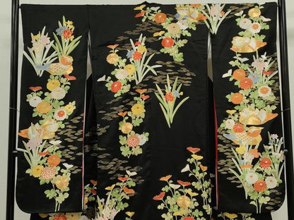 平和屋本店●中国三大刺繍 相良刺繍 お引きずり 引き振袖 和装 結婚式 舞妓 芸妓 芸者 衣装 駒刺繍 総刺繍 鴛鴦草花文 黒地 金糸CABG2065ze