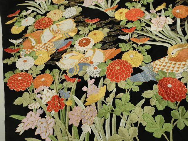 平和屋本店●中国三大刺繍 相良刺繍 お引きずり 引き振袖 和装 結婚式 舞妓 芸妓 芸者 衣装 駒刺繍 総刺繍 鴛鴦草花文 黒地 金糸CABG2065ze