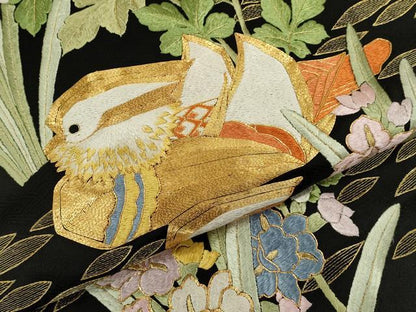 平和屋本店●中国三大刺繍 相良刺繍 お引きずり 引き振袖 和装 結婚式 舞妓 芸妓 芸者 衣装 駒刺繍 総刺繍 鴛鴦草花文 黒地 金糸CABG2065ze