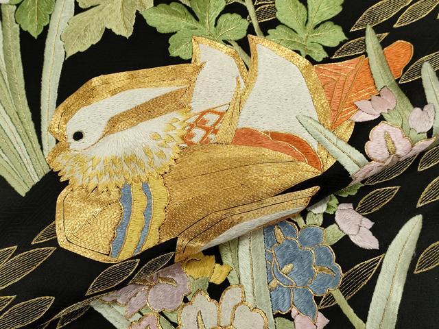 平和屋本店●中国三大刺繍 相良刺繍 お引きずり 引き振袖 和装 結婚式 舞妓 芸妓 芸者 衣装 駒刺繍 総刺繍 鴛鴦草花文 黒地 金糸CABG2065ze