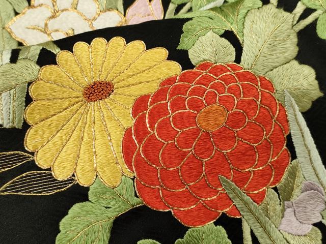 平和屋本店●中国三大刺繍 相良刺繍 お引きずり 引き振袖 和装 結婚式 舞妓 芸妓 芸者 衣装 駒刺繍 総刺繍 鴛鴦草花文 黒地 金糸CABG2065ze