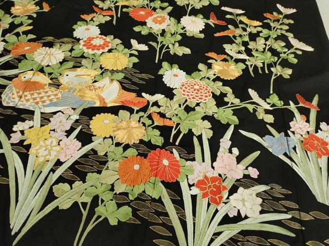 平和屋本店●中国三大刺繍 相良刺繍 お引きずり 引き振袖 和装 結婚式 舞妓 芸妓 芸者 衣装 駒刺繍 総刺繍 鴛鴦草花文 黒地 金糸CABG2065ze