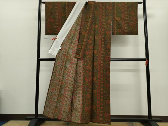平和屋着物▽上質な小紋　単衣　更紗花間道　正絹　逸品　CABG2076ze