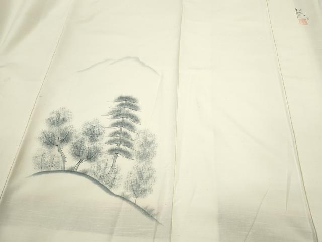 平和屋着物●結城紬　訪問着　作家物　手描き　風景文　証紙付き　正絹　逸品　CABG2129ze