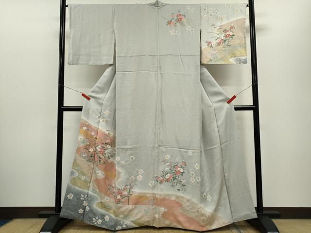平和屋着物●訪問着　道長草花文　たたき染め　金彩　正絹　逸品　CABG2135ze