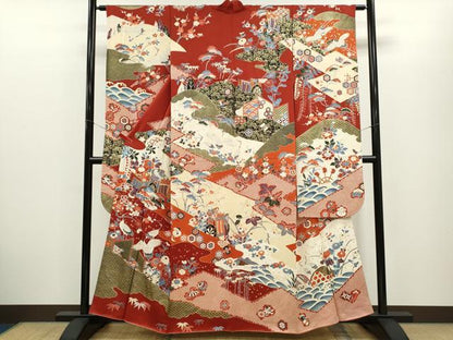 平和屋着物●豪華振袖　駒刺繍　御所車飛鶴吉祥花文　金彩　正絹　逸品　CABG2136ze