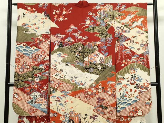 平和屋着物●豪華振袖　駒刺繍　御所車飛鶴吉祥花文　金彩　正絹　逸品　CABG2136ze
