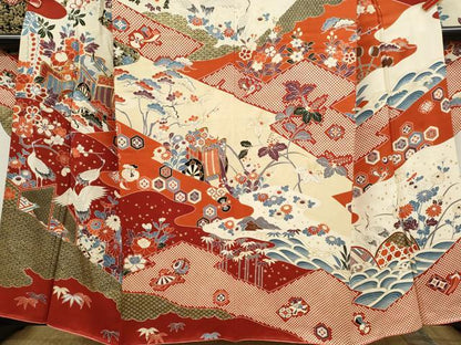 平和屋着物●豪華振袖　駒刺繍　御所車飛鶴吉祥花文　金彩　正絹　逸品　CABG2136ze