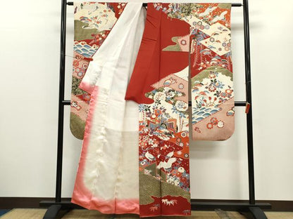 平和屋着物●豪華振袖　駒刺繍　御所車飛鶴吉祥花文　金彩　正絹　逸品　CABG2136ze